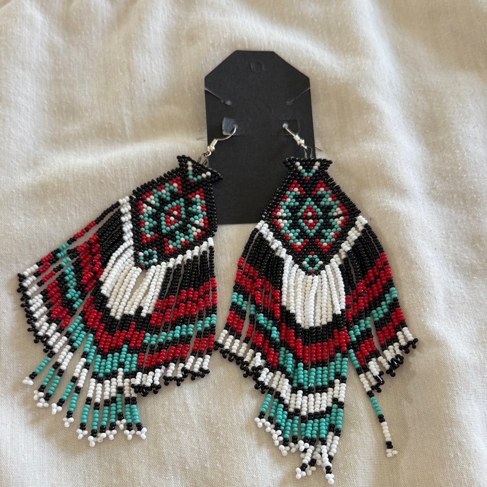 Handcrafted Beaded Fringe Earrings - Black, Red, Green, White